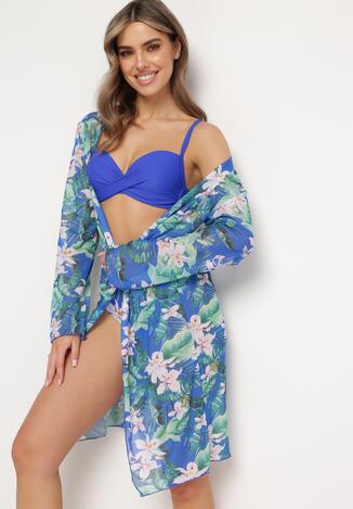 Granatowe Bikini Dwucz Ciowe Biustonosz I Elastyczne Majtki W Kwiatowy Print Oraz Narzutka Z