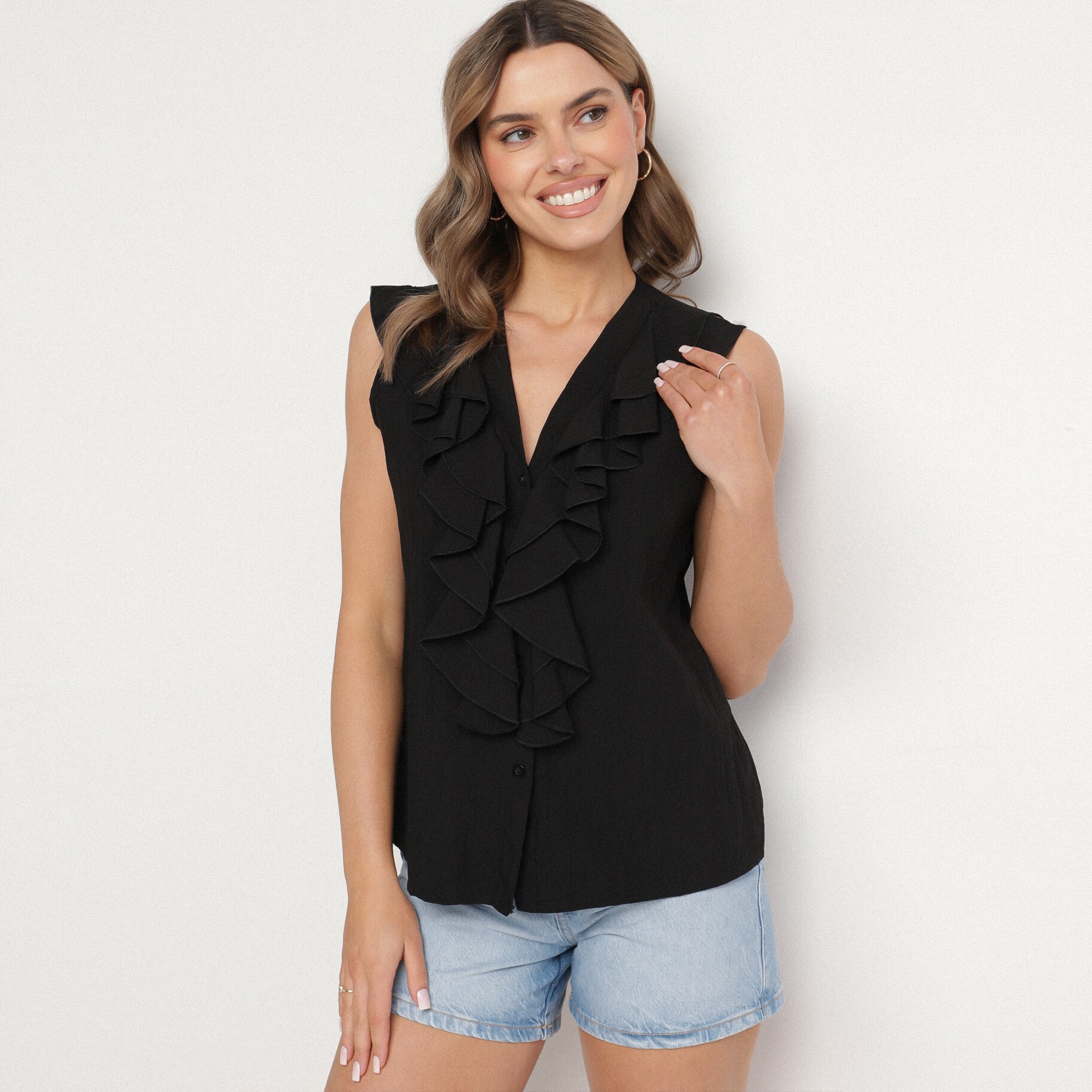 Fekete Ing, lakozott fekete, textil, Born2be, nyári,  ONE SIZE akciós termékkép 1