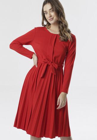 Czerwona Sukienka Pleated Belted