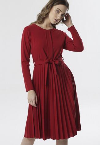 Bordowa Sukienka Pleated Belted