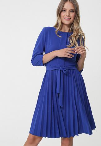 Ciemnoniebieska Sukienka Pleated Belted