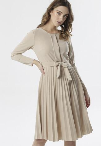 Beżowa Sukienka Pleated Belted