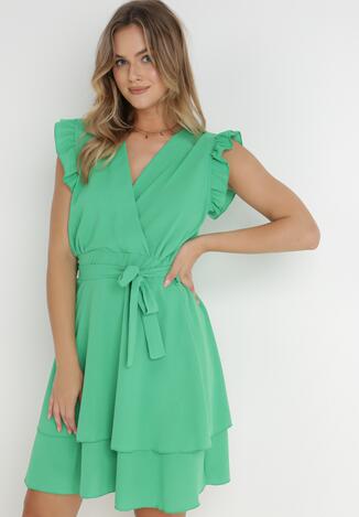 Zielona Sukienka Kopertowa z Falbankami i Wiązaniem Dalim