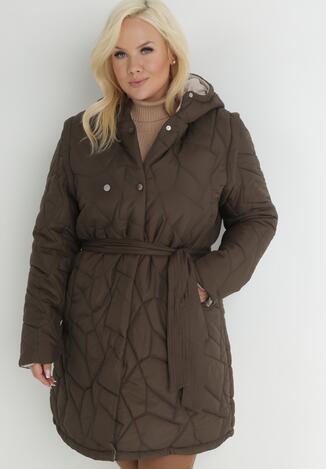 Brązowa Kurtka z Odpinanym Rękawem i Wiązanym Paskiem Taleinia