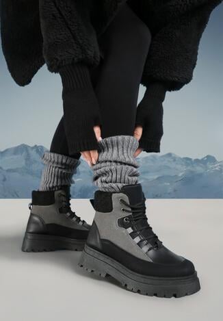 Czarno-Szare Traperki Sznurowane Trapery Jette