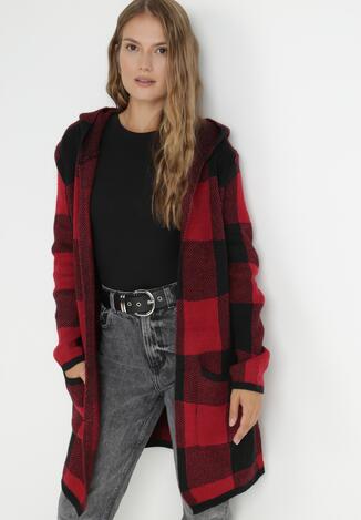 Czerwony Kardigan Oversize z Kapturem Dimochus