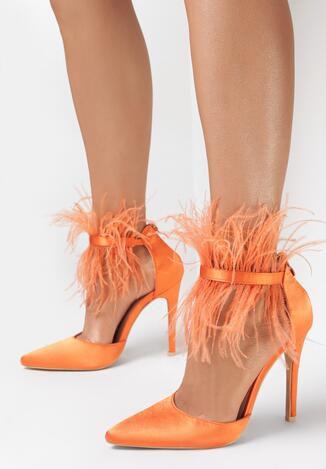 Pomarańczowe Sandały z Piórami Phoceous