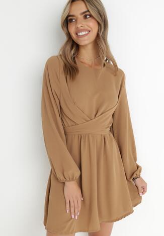 Beżowa Sukienka Rozkloszowana z Gumką w Pasie Selnaedo