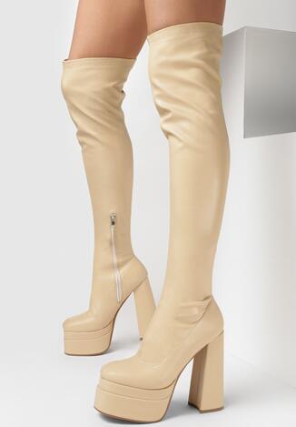 Beżowe Kozaki na Platformie i Słupku Bixne - Born2be