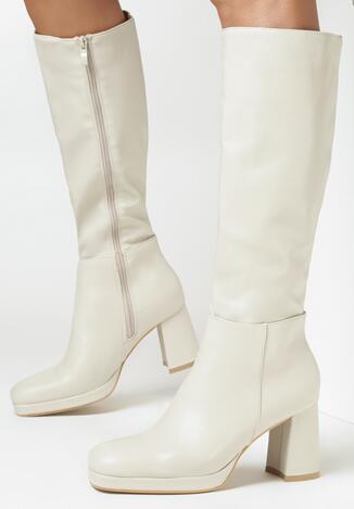 Beżowe Kozaki na Słupku i Niskiej Platformie z Kwadratowym Noskiem Chlorathe