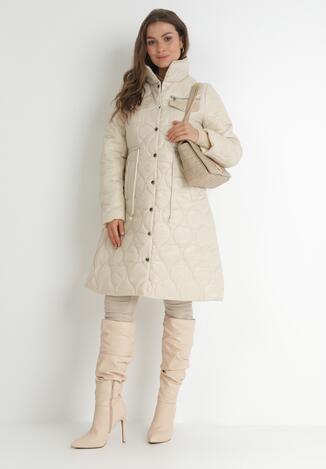 Beżowa Kurtka za Kolano z Kołnierzem Pikowana Chloime