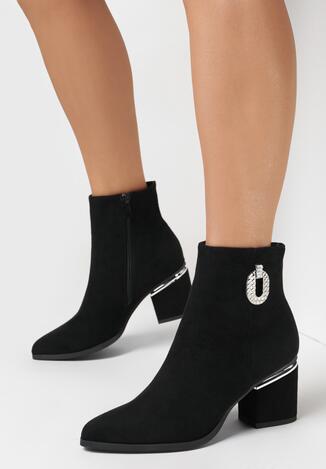 Czarne Botki z Metaliczną Wstawką na Obcasie Min
