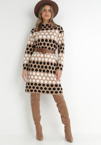 Beżowo-Czarna Sukienka Dzianinowa w Kropki Cissel