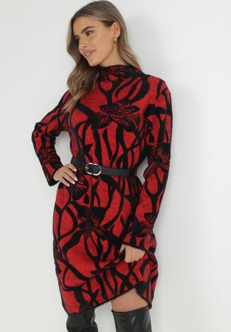 Czerwona Sukienka Sweterkowa w Kwiaty Socce