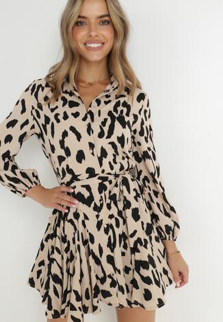 Beżowa Sukienka Koszulowa Wiązana w Pasie Casiphia