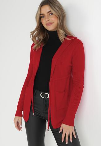 Bordowy Kardigan Ściągany w Pasie z Kapturem Mase