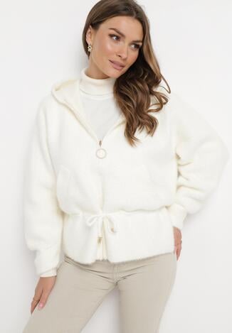 Biała Kurtka Wełniana z Alpaką Zapinana na Suwak Anteopi