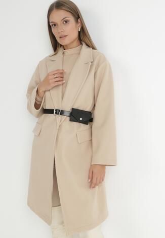 Jasnobeżowy Płaszcz z Paskiem z Saszetką Fere