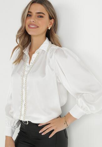 Biała Koszula z Bufiastym Rękawem i Lamówkami z Perełek Tizi