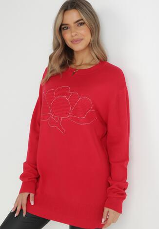 Czerwony Sweter Oversize z Cyrkoniami Cama