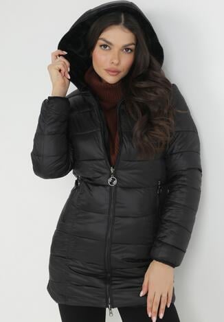 Czarna Kurtka Nylonowa Dwustronna Pikowana z Futerkiem Cile