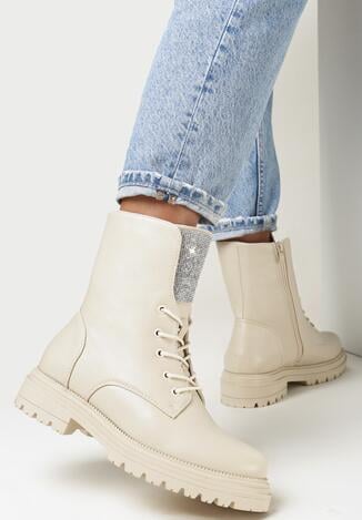 Beżowe Botki Workery z Brokatowym Językiem Phimette