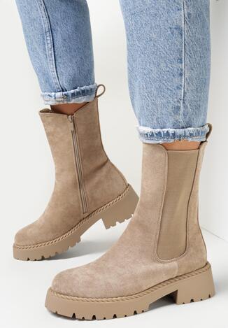 Beżowe Botki Sztyblety z Elastyczną Wstawką Rovea