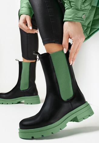 Czarno-Zielone Botki Sztyblety z Kolorowymi Wstawkami i Podeszwą Nari