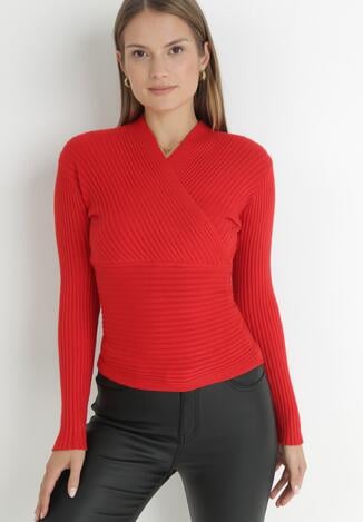 Czerwony Sweter Kopertowy z Prążkowanej Dzianiny Zaki