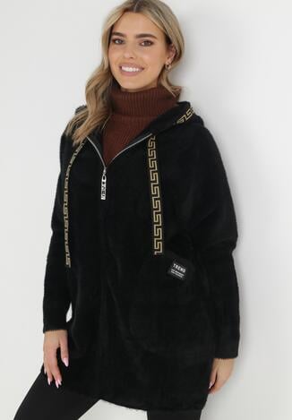 Czarny Płaszcz Alpaka Oversize z Kapturem i Suwakiem Phite