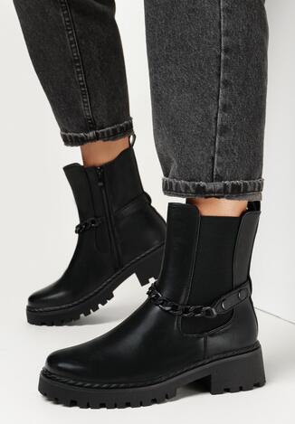 Czarne Botki Sztyblety z Łańcuchem Fazi