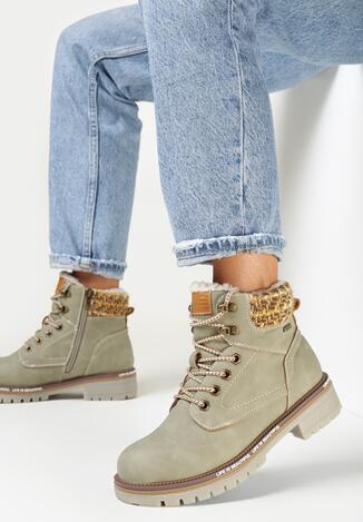 Jasnozielone Traperki Sznurowane na Grubej Podeszwie Constansa