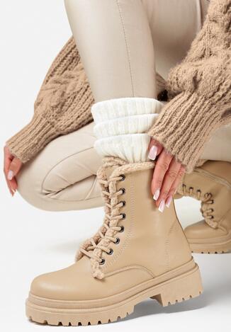 Beżowe Botki Workery Sznurowane z Futerkiem Deka