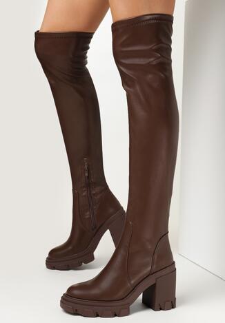 Brązowe Kozaki na Słupki z Dopasowaną Cholewką Procjon