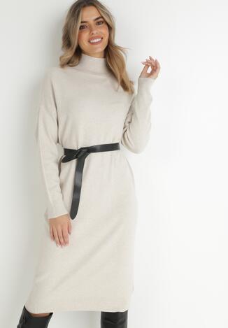 Jasnobeżowa Sukienka Dzianinowa z Golfem i Paskiem Evus