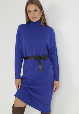 Granatowa Sukienka Dzianinowa z Golfem i Paskiem Evus