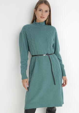 Zielona Sukienka Dzianinowa z Paskiem i Golfem Ficori