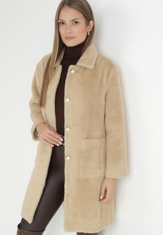 Beżowy Płaszcz Futerkowy Jednorzędowy Raso