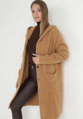 Beżowy Płaszcz Alpaka Długi z Kapturem Hesasa