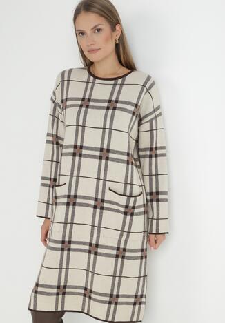 Beżowa Sukienka Dzianinowa Oversize w Kratę Rici