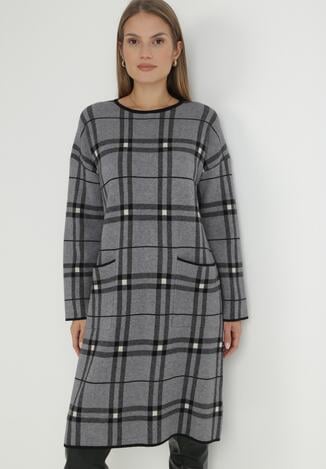 Szara Sukienka Dzianinowa Oversize w Kratę Rici