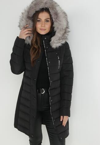 Czarna Kurtka do Kolan Pikowana z Odpinanym Futerkiem Endelyn