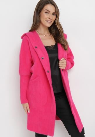 Fuksjowy Płaszcz Wełniany z Alpaką Oversize Długi z Kapturem Philyrea