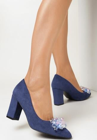 Granatowe Czółenka na Słupku z Wkładką ze Skóry Naturalnej Apostebius