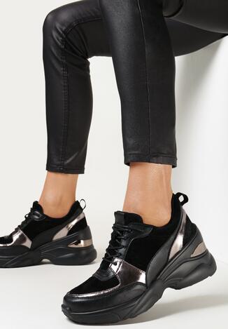 Czarno-Srebrne Sneakersy na Koturnie z Wkładką ze Skóry Naturalnej Keyara
