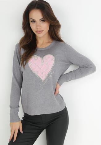 Szary Sweter z Nadrukiem w Kształcie Serca Dalaza