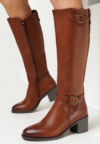 Brązowe Kozaki na Słupku z Elastyczną Gumką w Cholewce Serpens