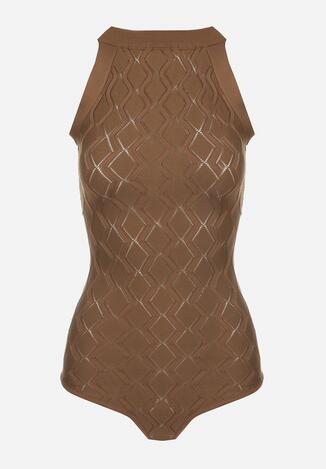 Ciemnobrązowe Body z Wiskozy o Tłoczonej Fakturze Idolina