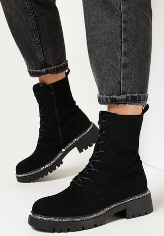 Czarne Botki Zdobione Paskiem z Cyrkoniami Mensa