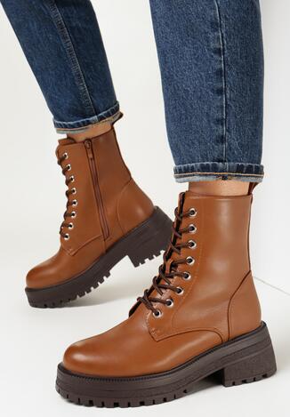 Brązowe Botki na Grubej Podeszwie Pavo